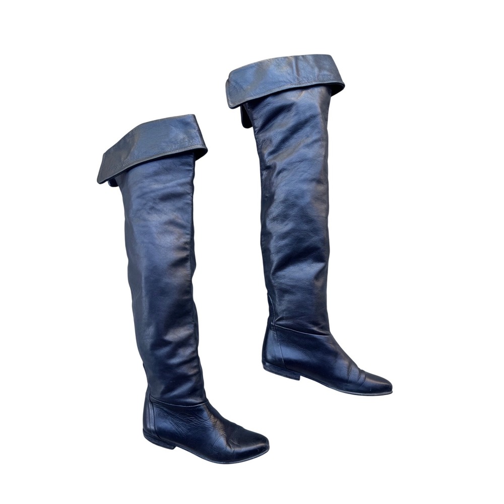 Black Leather Over The Knee Thigh High Fold Over Cuff Flat Boots Women Tall Sz 6